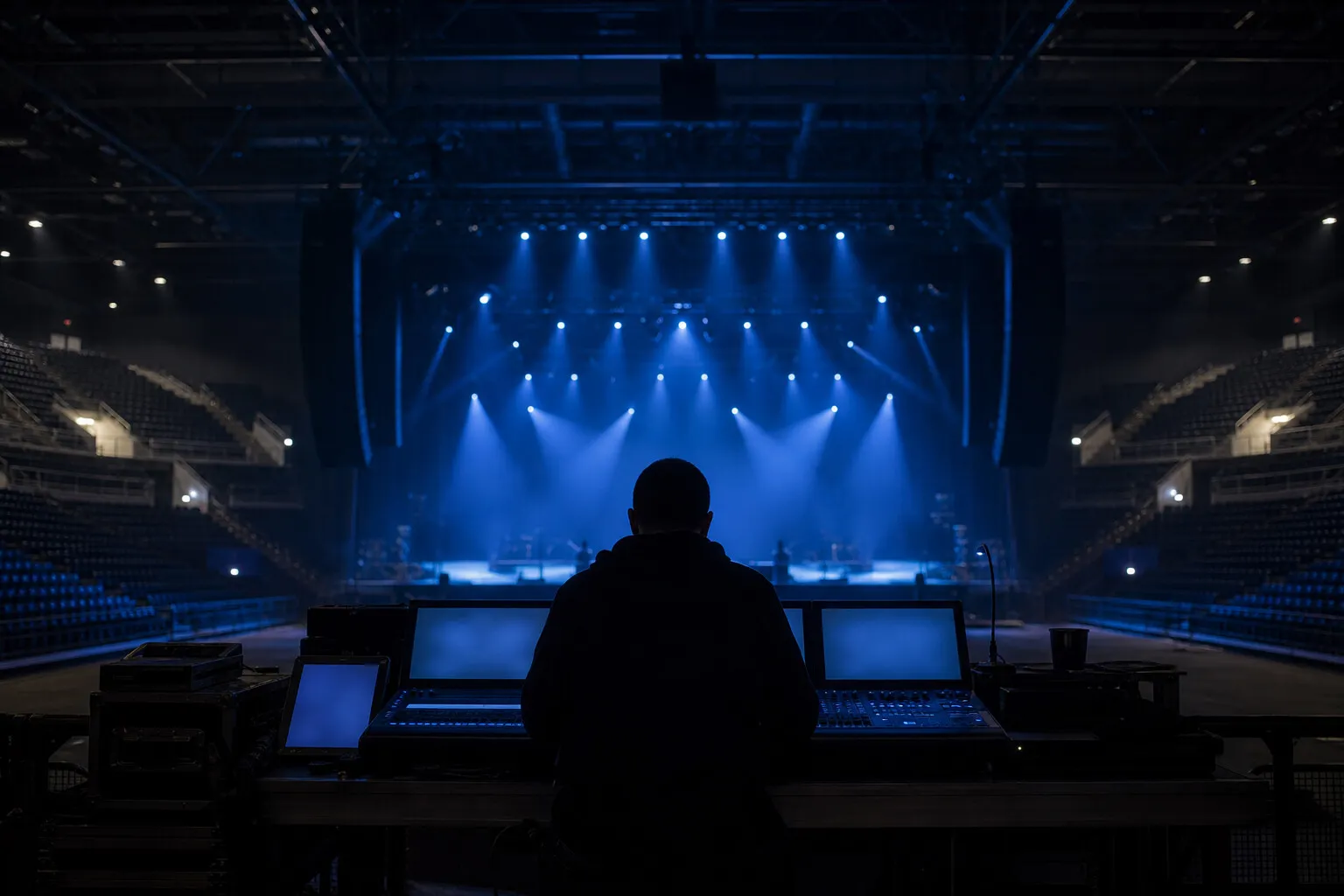 Světelný pult v aréně při přípravě show